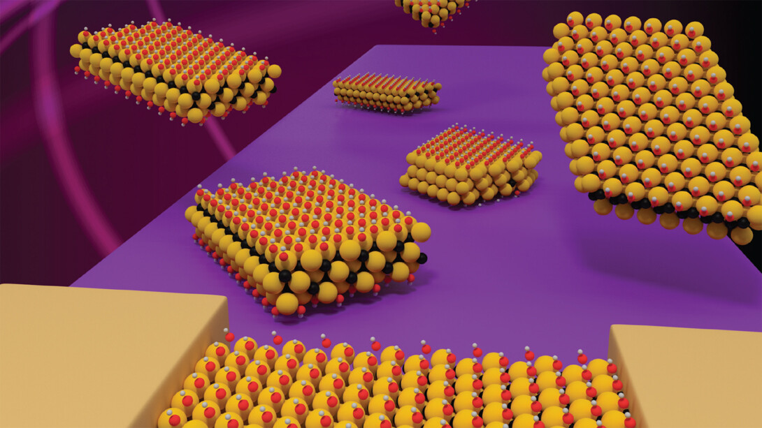 This rendering depicts the arrangement of a two-dimensional nanomaterial featuring three titanium atoms and two carbon atoms.