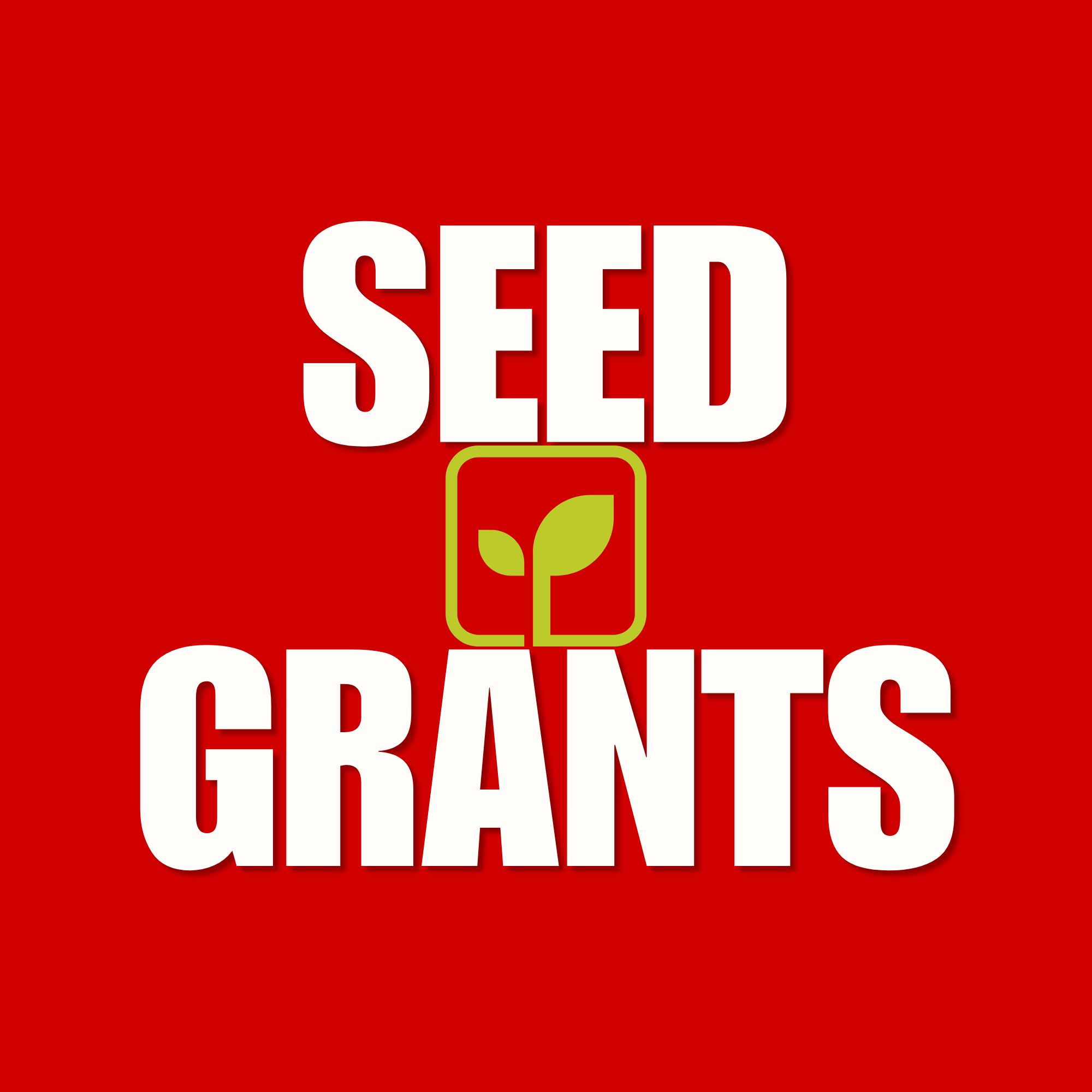Seed Grants text with a leafy sprout icon on a bold red background.