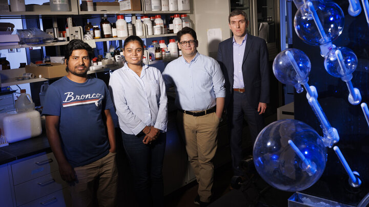 Alexander Sinitskii (right), professor of chemistry, leads a team exploring the physical properties of MXenes, a fast-growing family of two-dimensional materials with potential for many nanotechnology applications. From left is Md. Ibrahim Kholil and Rashmeet Khurana, both graduate students in chemistry, and Saman Bagheri, postdoctoral research associate in chemistry.